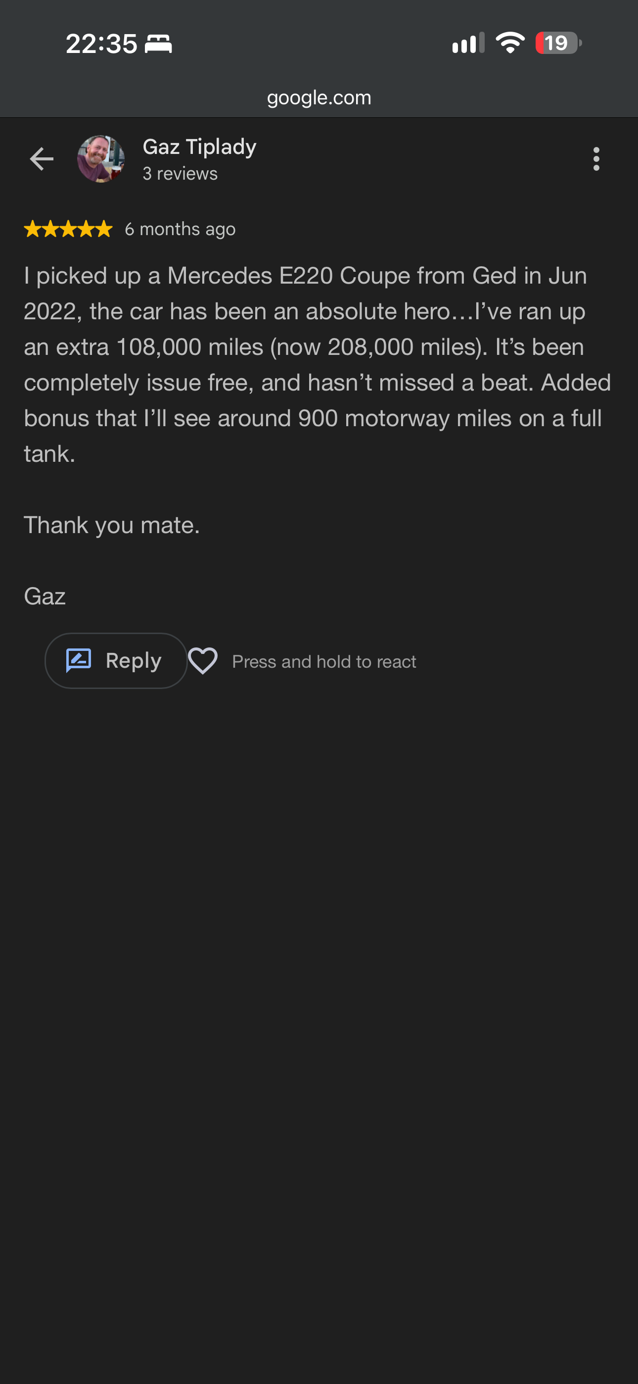 Gaz Tiplady — 5-star Google review: I picked up a Mercedes E220 Coupe from Ged in Jun 2022, the car has been an absolute hero…