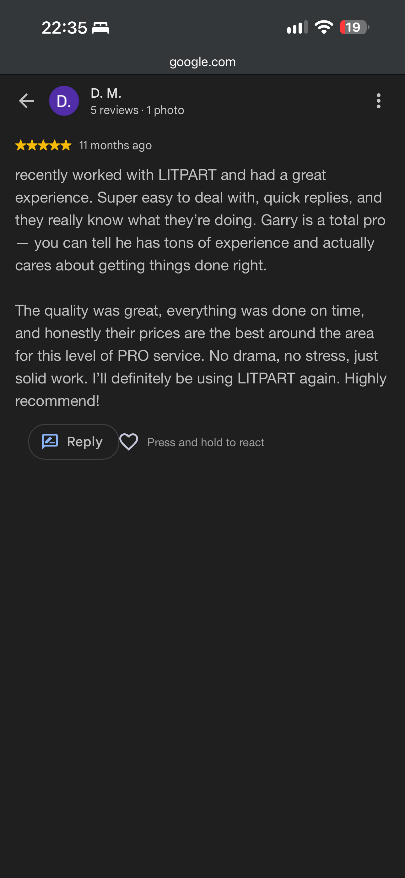 D. M. — 5-star Google review: recently worked with LITPART and had a great experience.