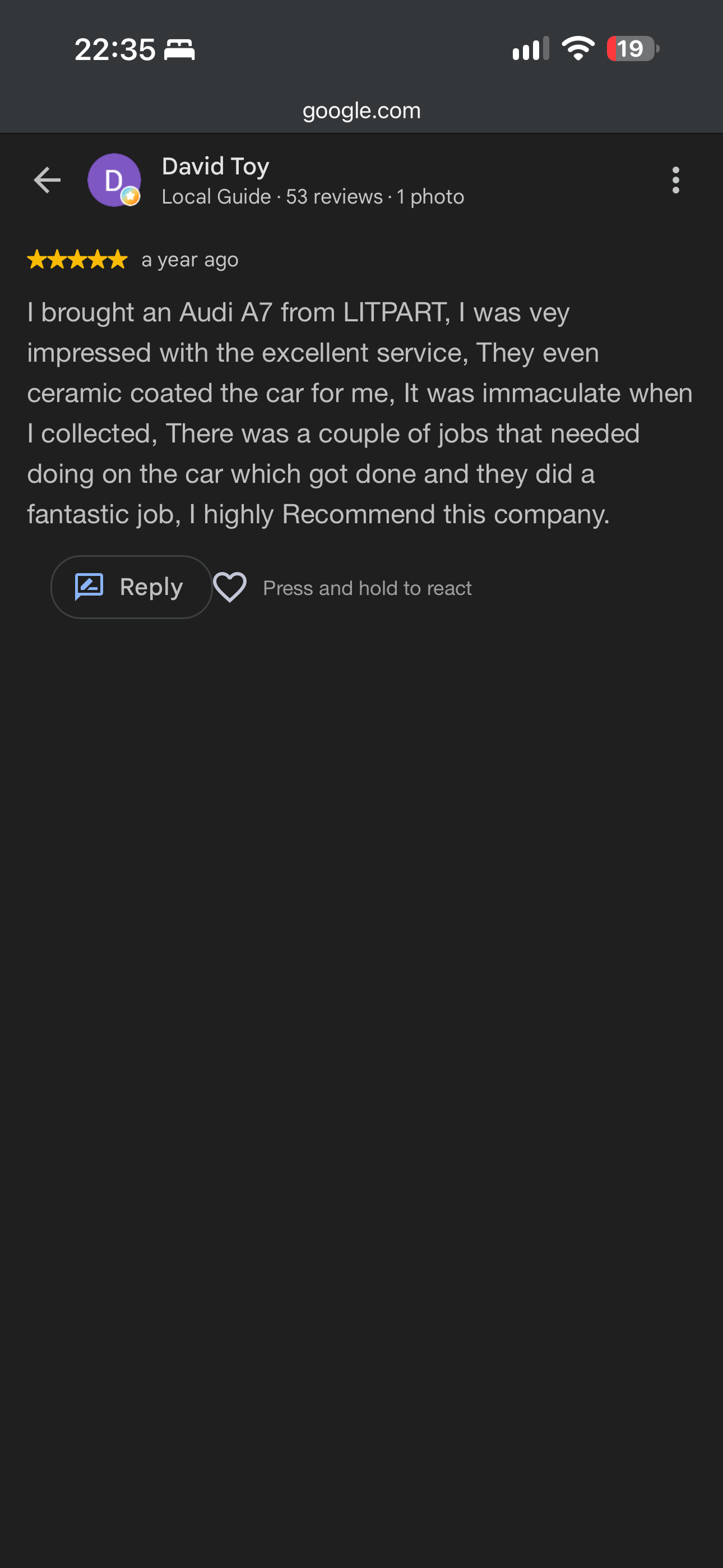 David Toy — 5-star Google review: I brought an Audi A7 from LITPART, I was vey impressed with the excellent service