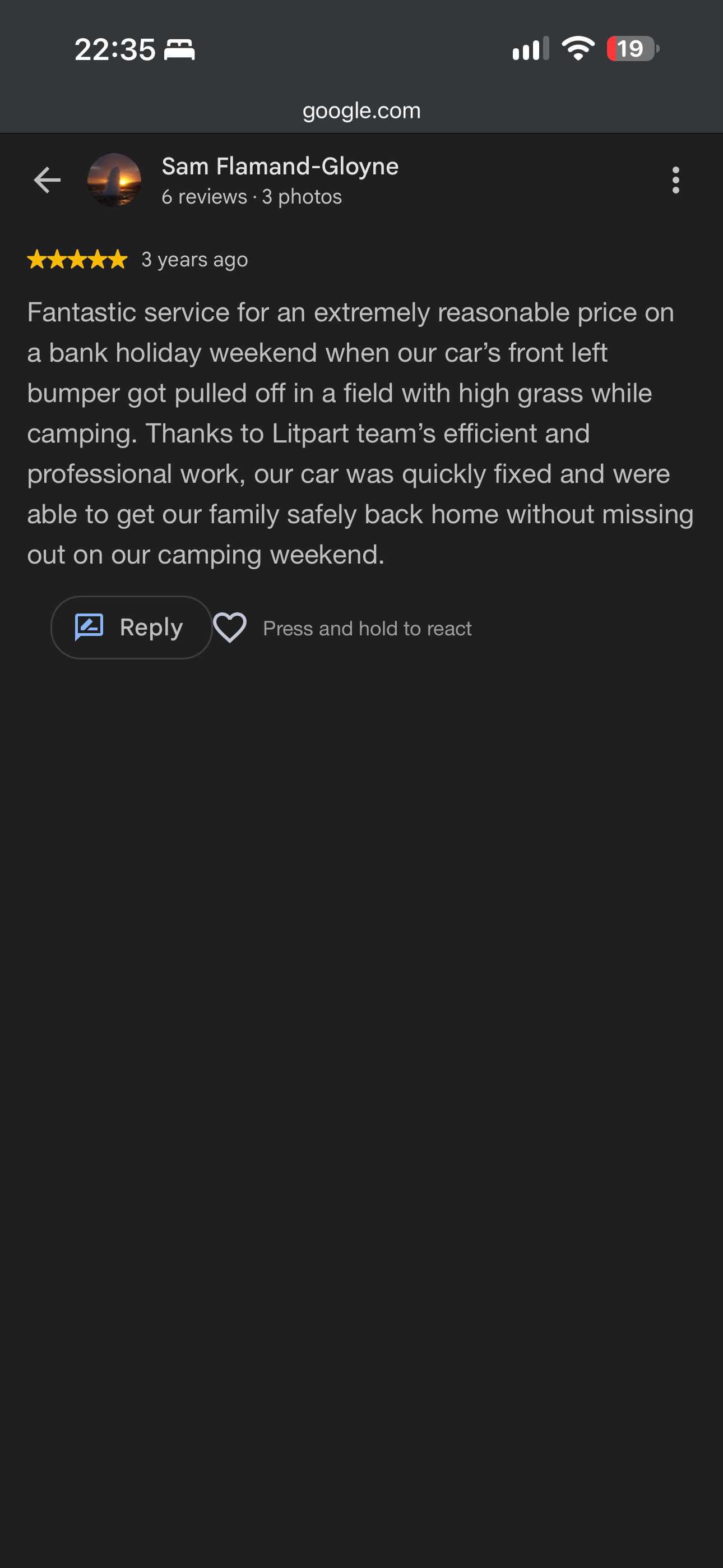 Sam Flamand-Gloyne — 5-star Google review: Fantastic service for an extremely reasonable price on a bank holiday weekend