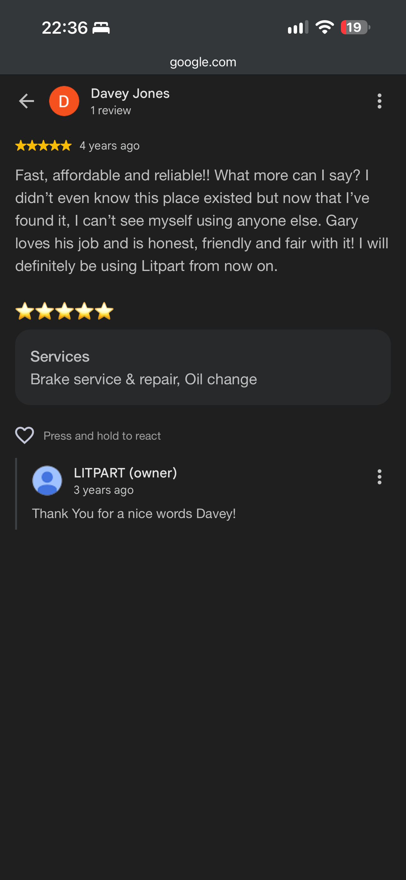 Davey Jones — 5-star Google review: Fast, affordable and reliable!! What more can I say?