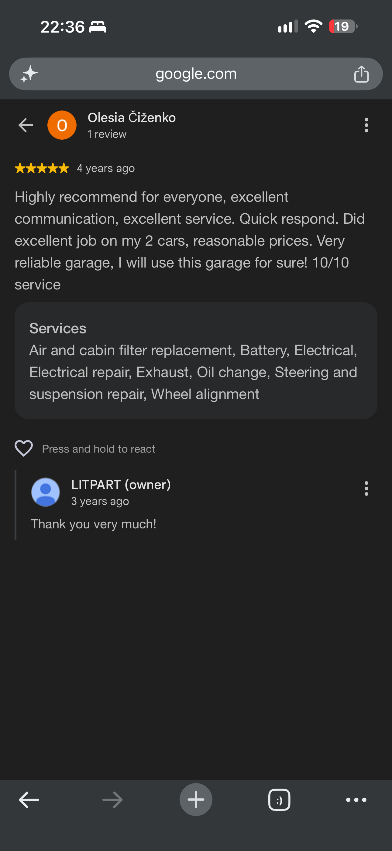 Olesia Čiženko — 5-star Google review: Highly recommend for everyone, excellent communication, excellent service.