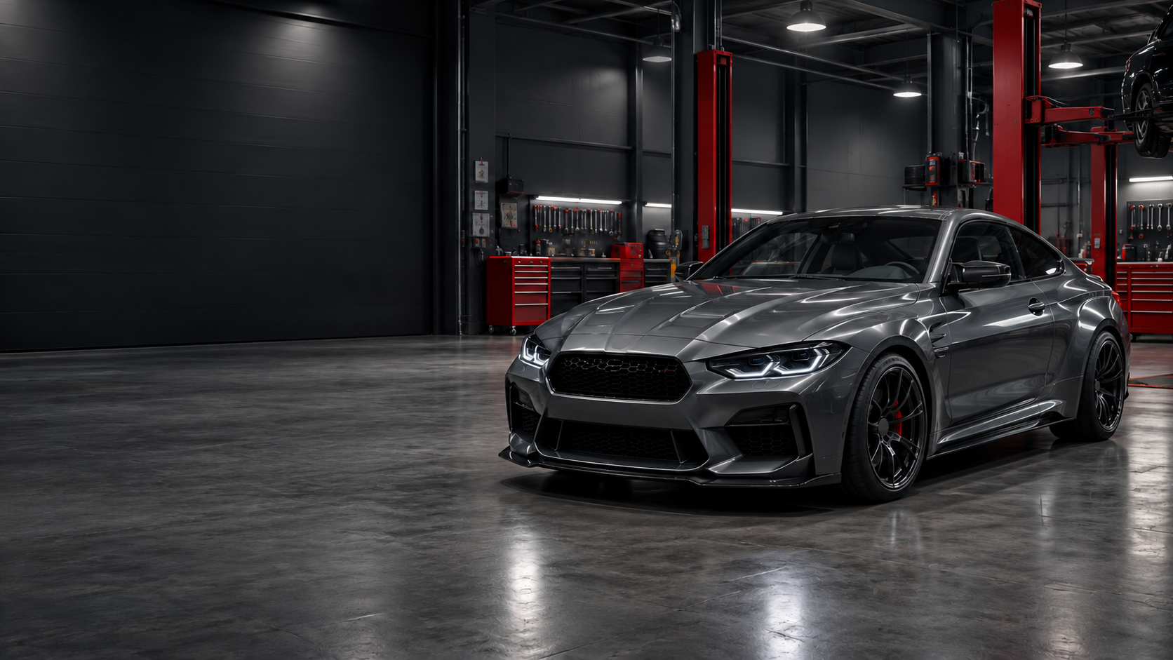 Illustrative automotive workshop with a performance car